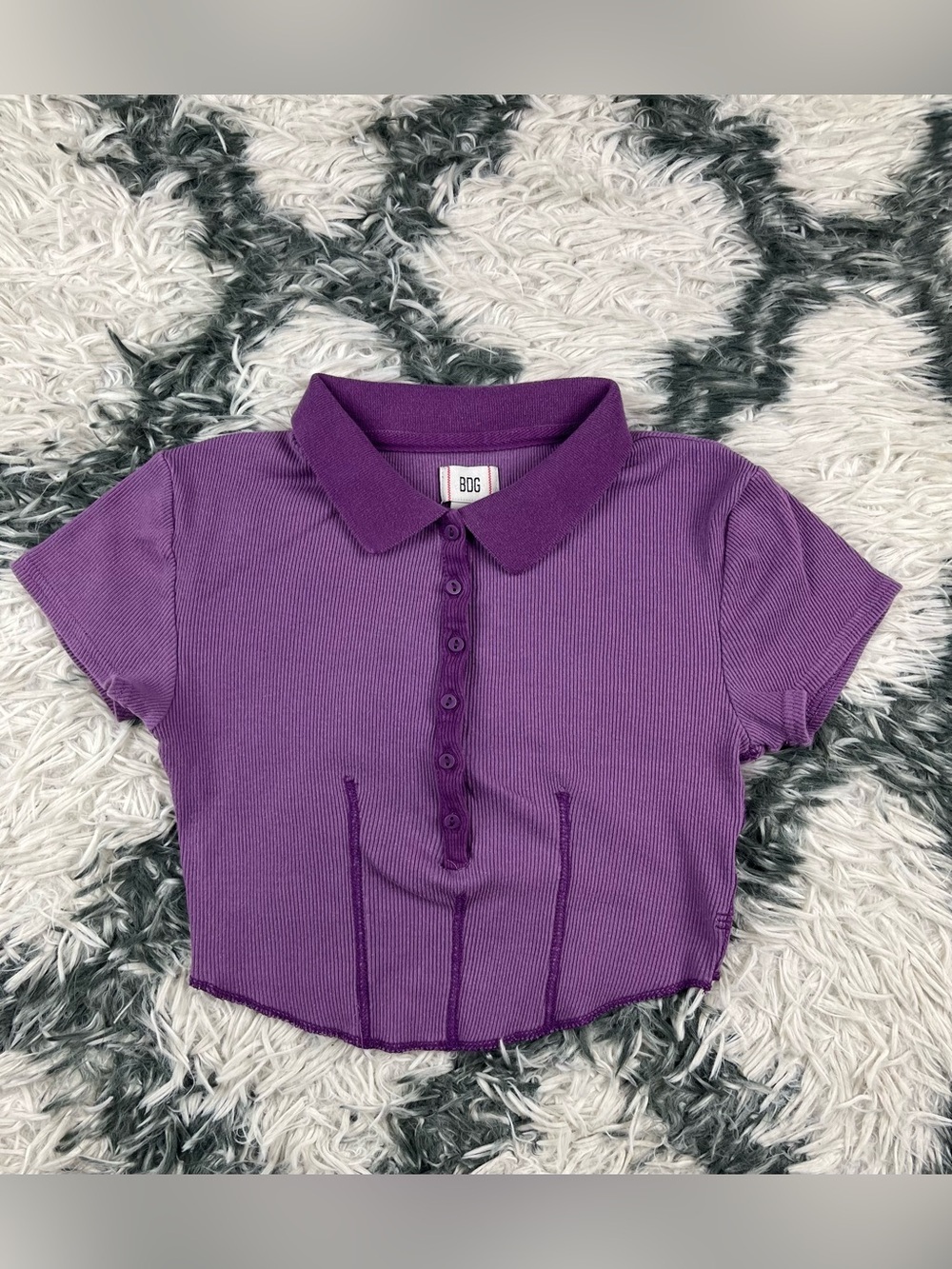 BDG Women’s Purple Ribbed Half Button Crop Top Polo Shirt Size Small